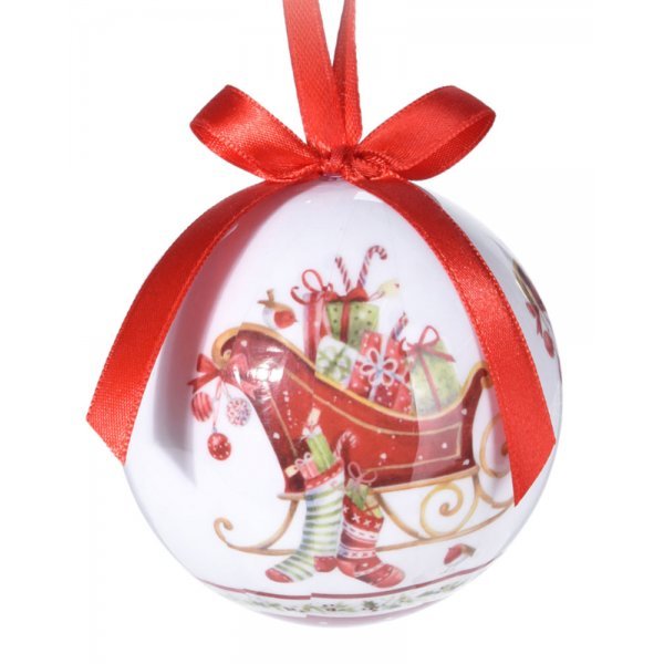 Χριστουγεννιάτικη Μπάλα Λευκή, με Κόκκινο Φιόγκο και Έλκηθρο (7cm)